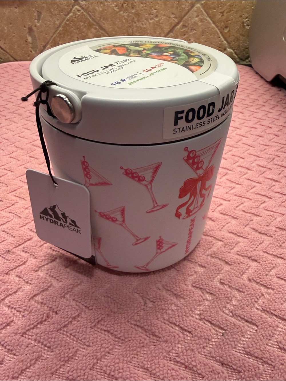 HydroPeak 25oz Stainless Steel Food Jar - White with Pink Martini Print - Picture 2 of 4